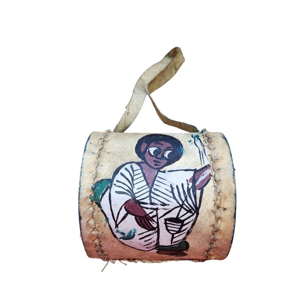 Vintage Ethiopian Leather Hand Drum Handmade Painted African Woman